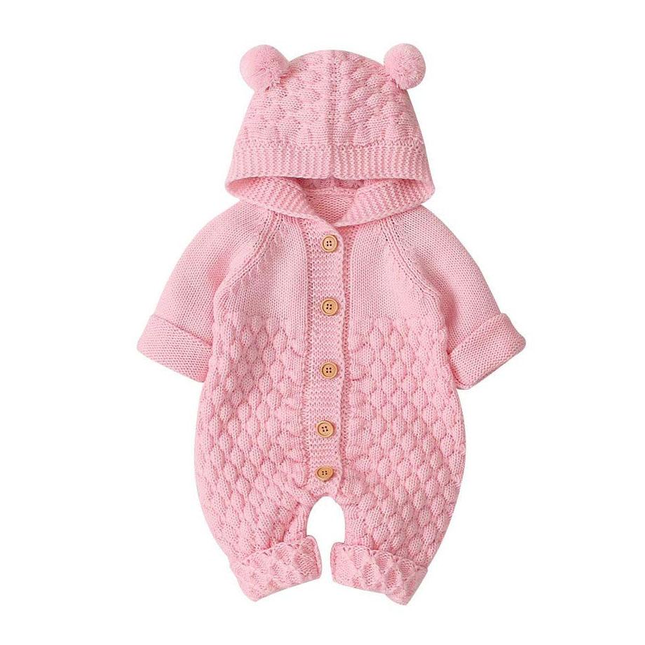 Knitted Bear Ears Baby Jumpsuit Pink 12-18 M 