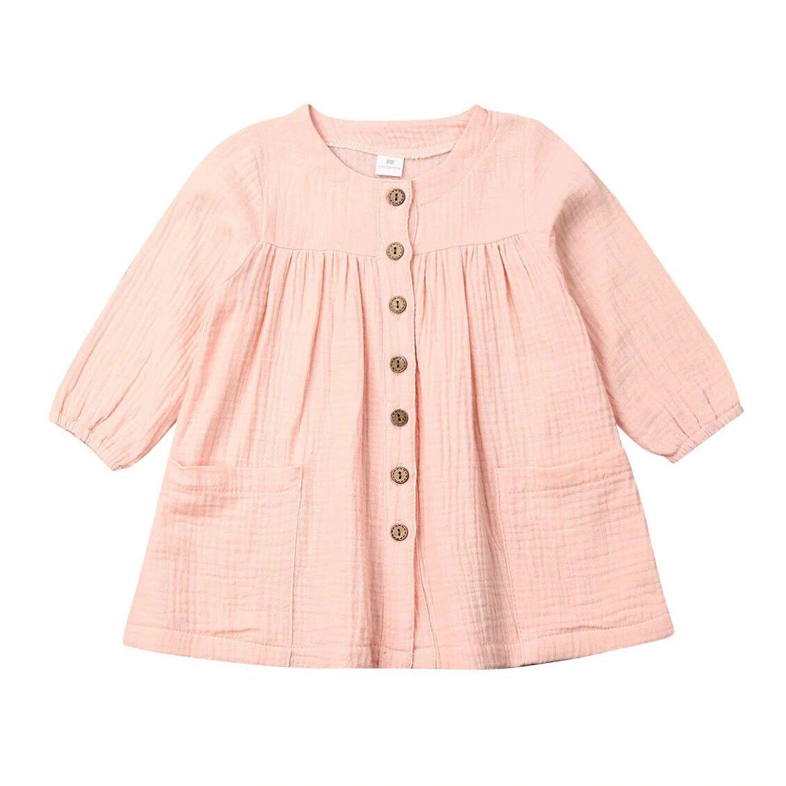 Long Sleeve Button Linen Toddler Dress