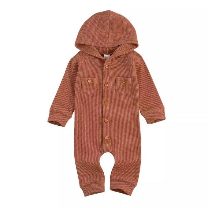 Solid Waffle Hooded Baby Jumpsuit Rust Red 9-12 M 