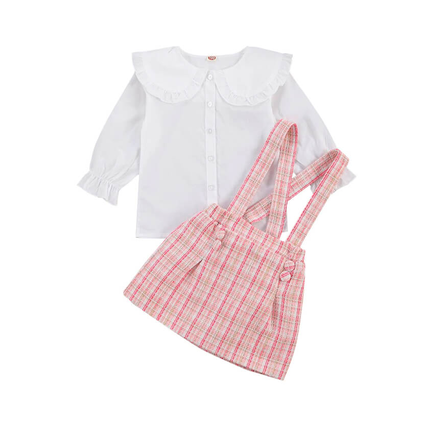 Pink Overall Plaid Skirt Toddler Set