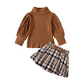 Long Sleeve Brown Plaid Skirt Toddler Set