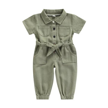 Solid Collar Toddler Jumpsuit Olive Green 5T 