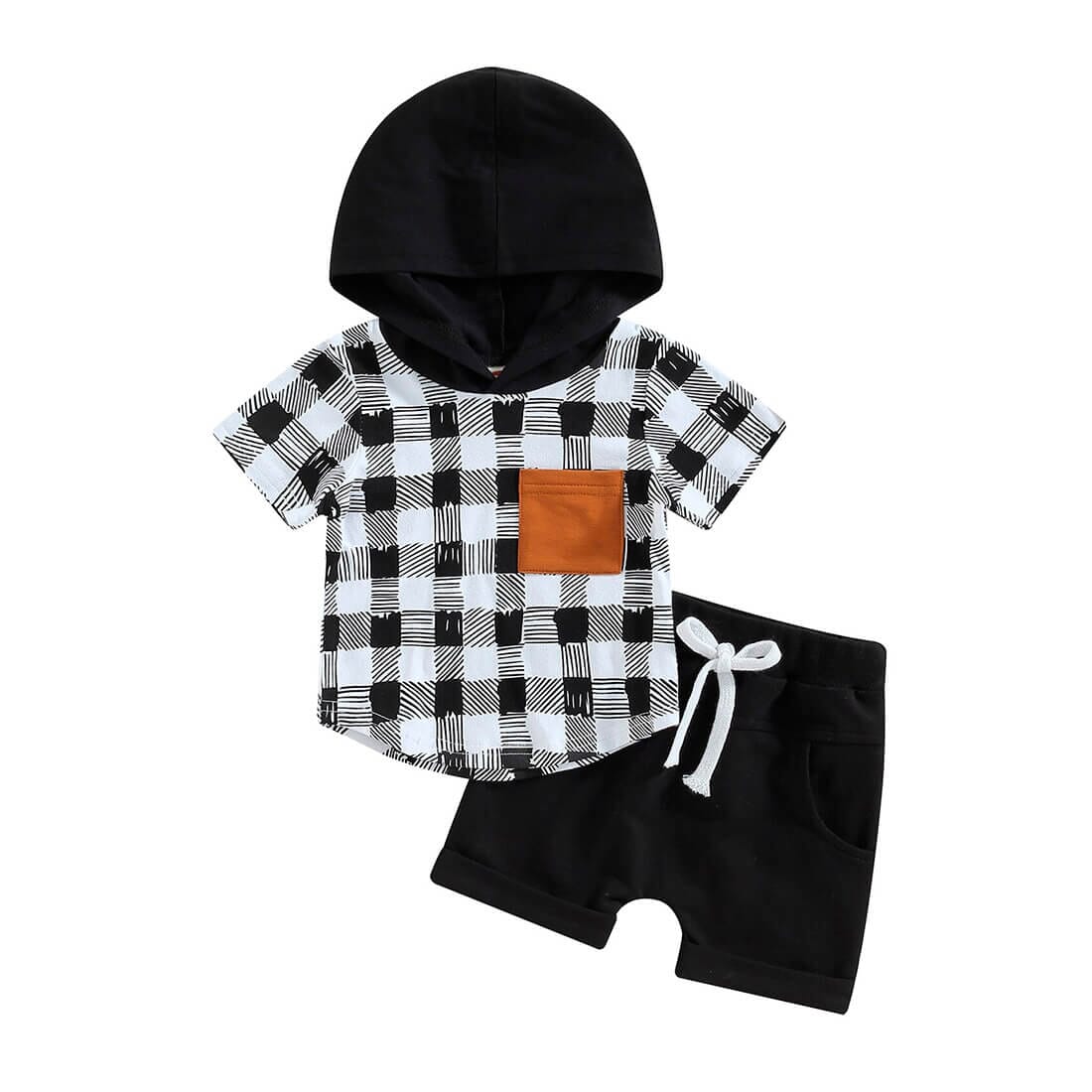 Short Sleeve Plaid Hooded Baby Set Black 3-6 M 