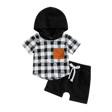Short Sleeve Plaid Hooded Baby Set