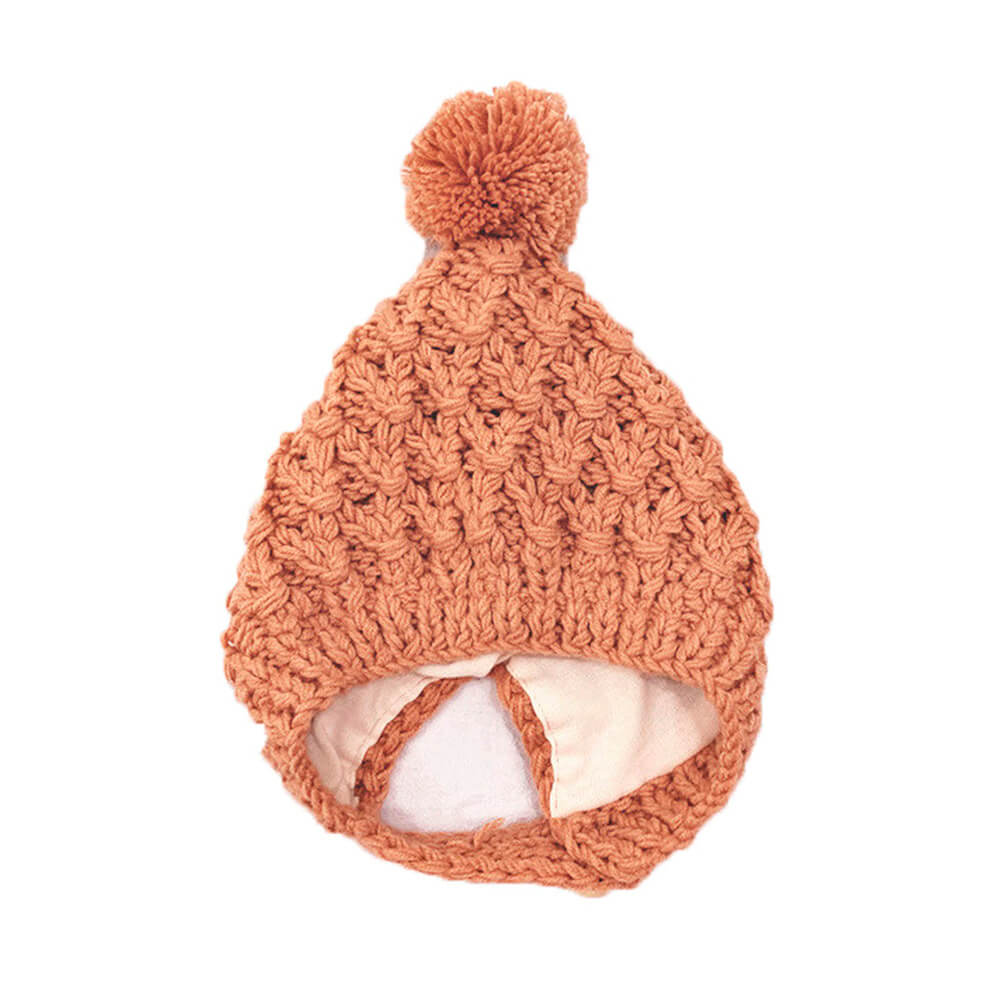 Solid Knitted Pompom Beanie Light Brown  