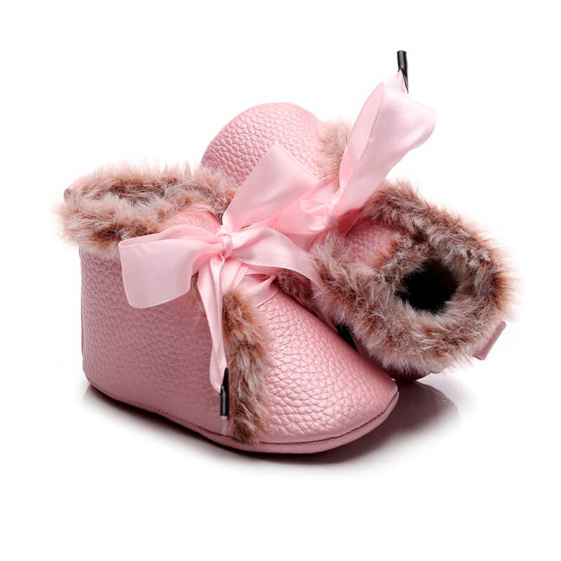 Solid Ribbon Knot Fur Baby Boots Pink 1 
