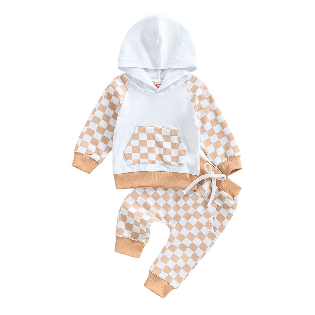 The Trendy Toddlers Toddler Boys 2-Piece Kangaroo Pocket Hoodie & Chessboard Pant Set - Khaki 3T