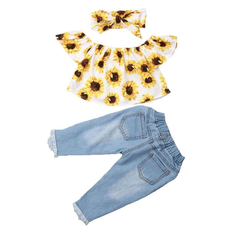 Toddler Girl Sunflower Ripped Jeans 3Piece Outfit Set The Trendy