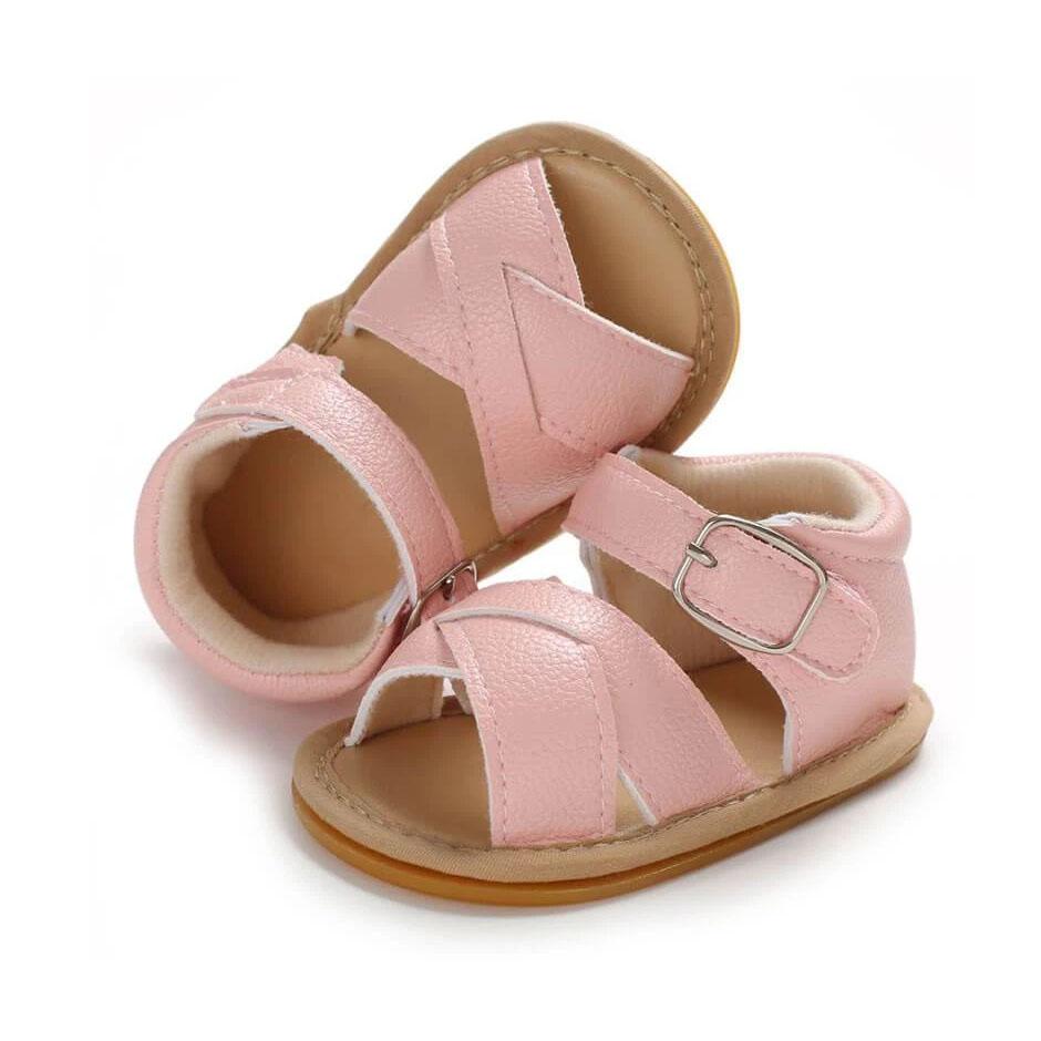 Pink Leather Crossover Baby Sandals   