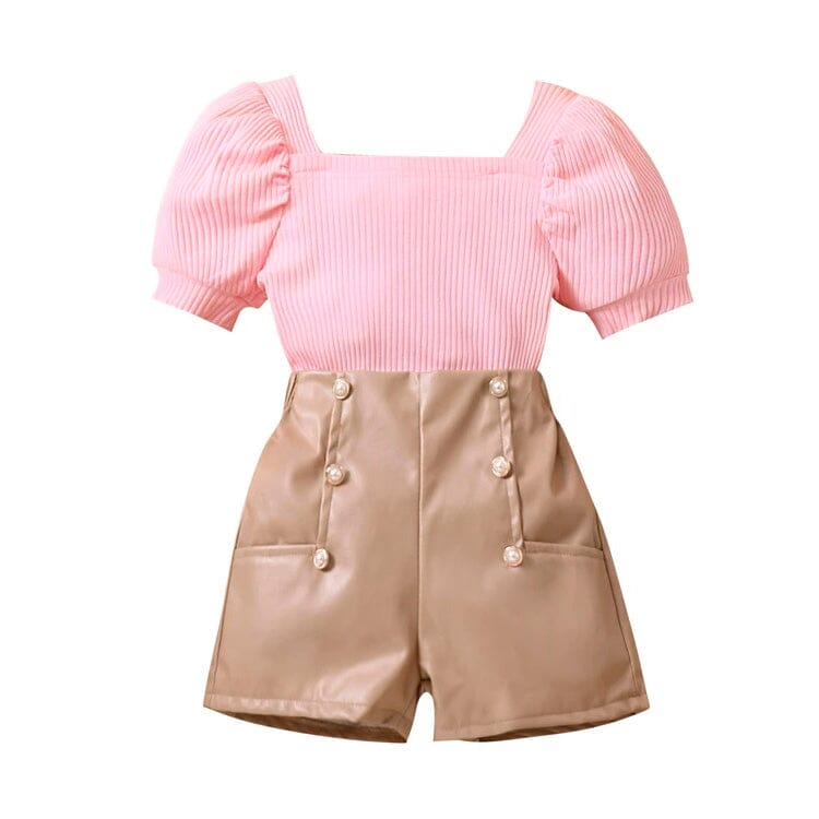 Puff Sleeve Pink Ribbed Toddler Set   