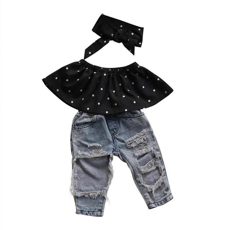 Baby Girl Josmangirls' Polka Dot Lace Collar & Bow Denim Set